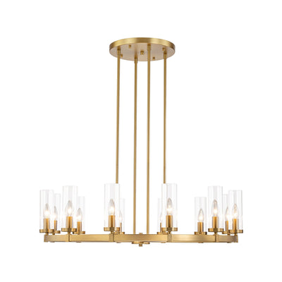 Lustre à 12 lumières en forme de roue de chariot, style moderne du milieu du siècle, en verre transparent, style doré/noir, grand modèle