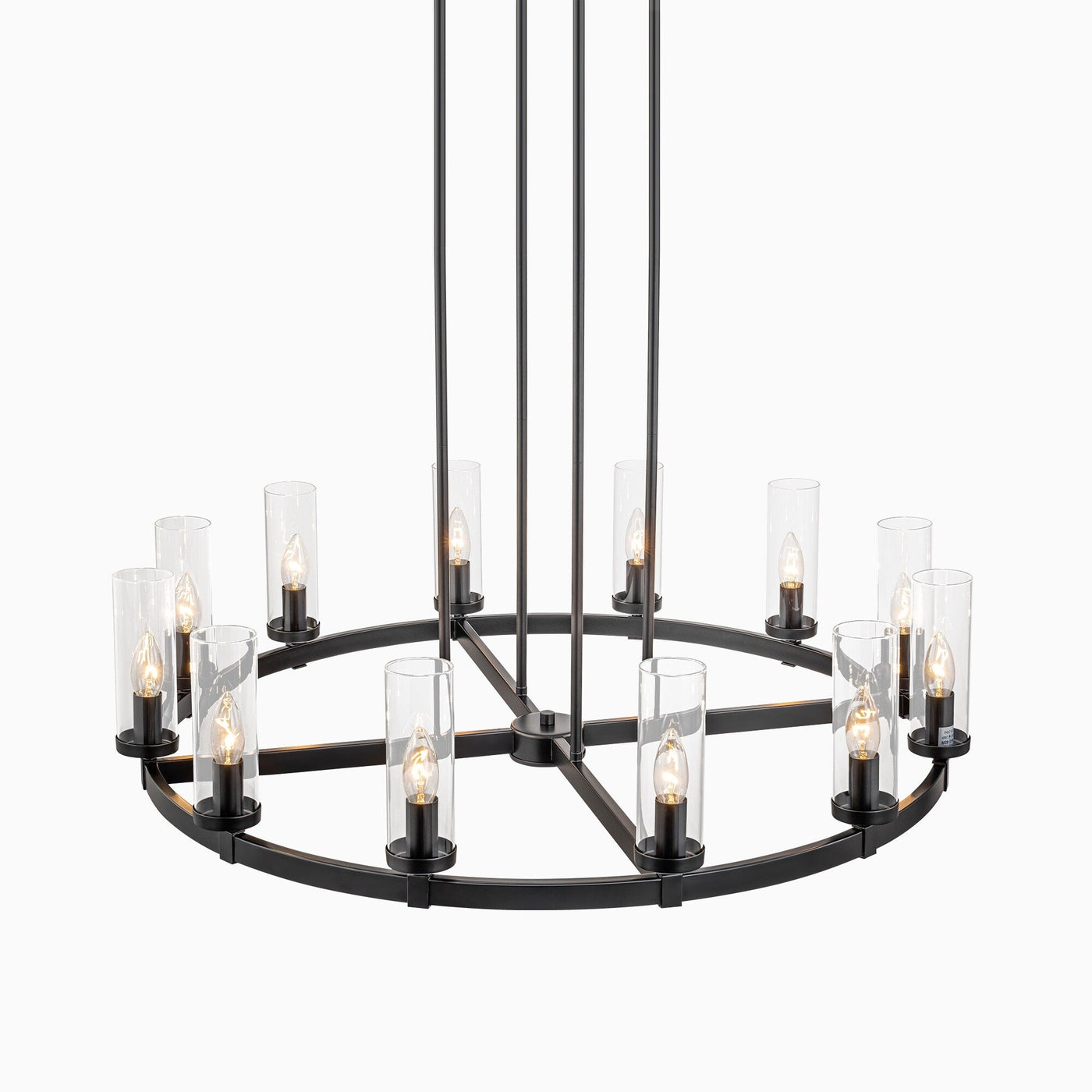 Lustre à 12 lumières en forme de roue de chariot, style moderne du milieu du siècle, en verre transparent, style doré/noir, grand modèle
