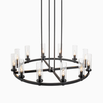 Lustre à 12 lumières en forme de roue de chariot, style moderne du milieu du siècle, en verre transparent, style doré/noir, grand modèle