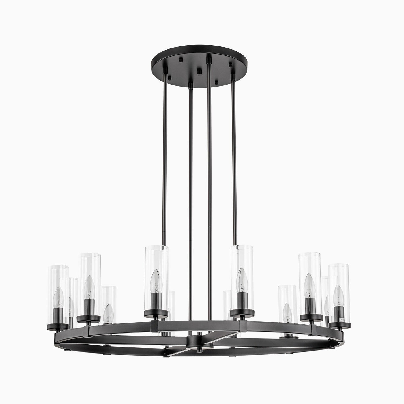 Lustre à 12 lumières en forme de roue de chariot, style moderne du milieu du siècle, en verre transparent, style doré/noir, grand modèle