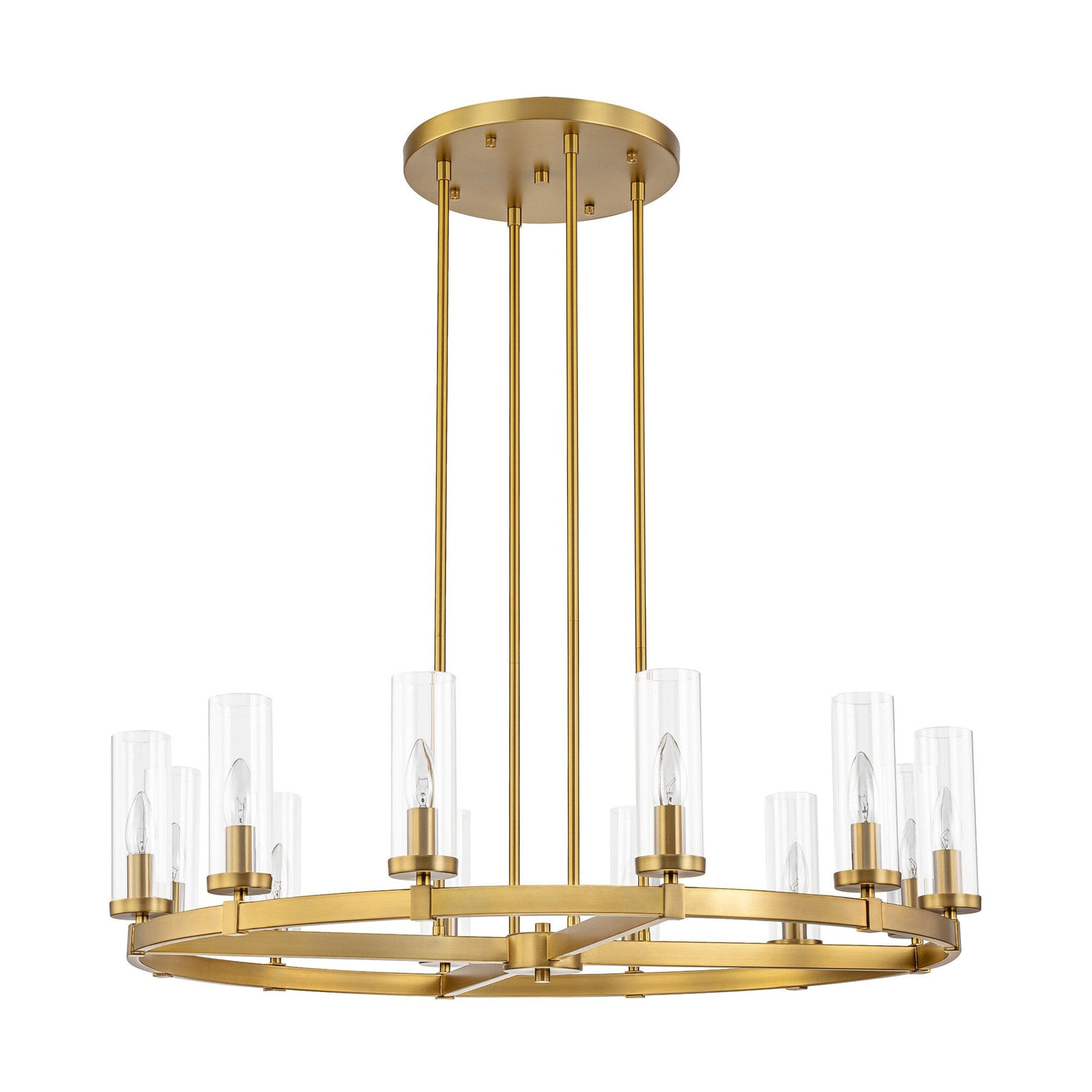 Lustre à 12 lumières en forme de roue de chariot, style moderne du milieu du siècle, en verre transparent, style doré/noir, grand modèle