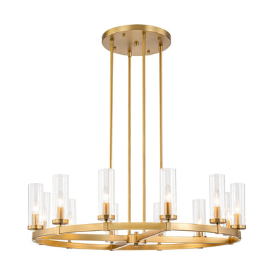 Lustre à 12 lumières en forme de roue de chariot, style moderne du milieu du siècle, en verre transparent, style doré/noir, grand modèle