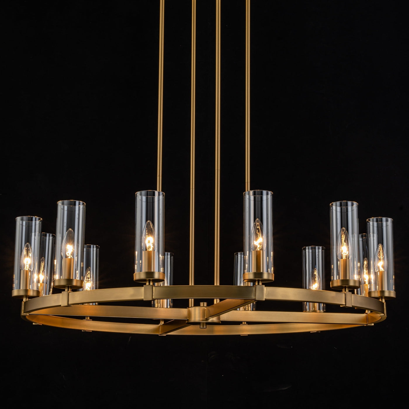 Lustre à 12 lumières en forme de roue de chariot, style moderne du milieu du siècle, en verre transparent, style doré/noir, grand modèle