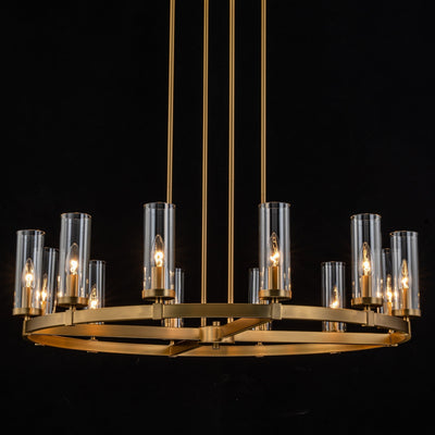 Lustre à 12 lumières en forme de roue de chariot, style moderne du milieu du siècle, en verre transparent, style doré/noir, grand modèle