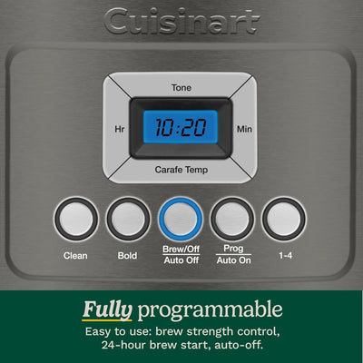Cafetière programmable 14 tasses, carafe en verre, réglage de l'intensité de l'infusion, réglage de 1 à 4 tasses, acier inoxydable noir