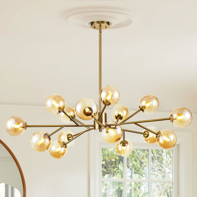 Lustre linéaire moderne à 15 lumières pour îlot de cuisine Sputnik avec branches et globes en verre