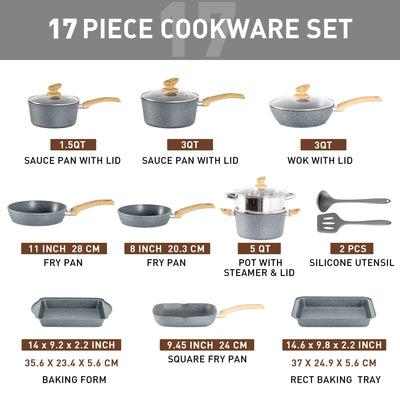 Batterie de cuisine en granit de 17 pièces, ensemble de casseroles et poêles antiadhésives