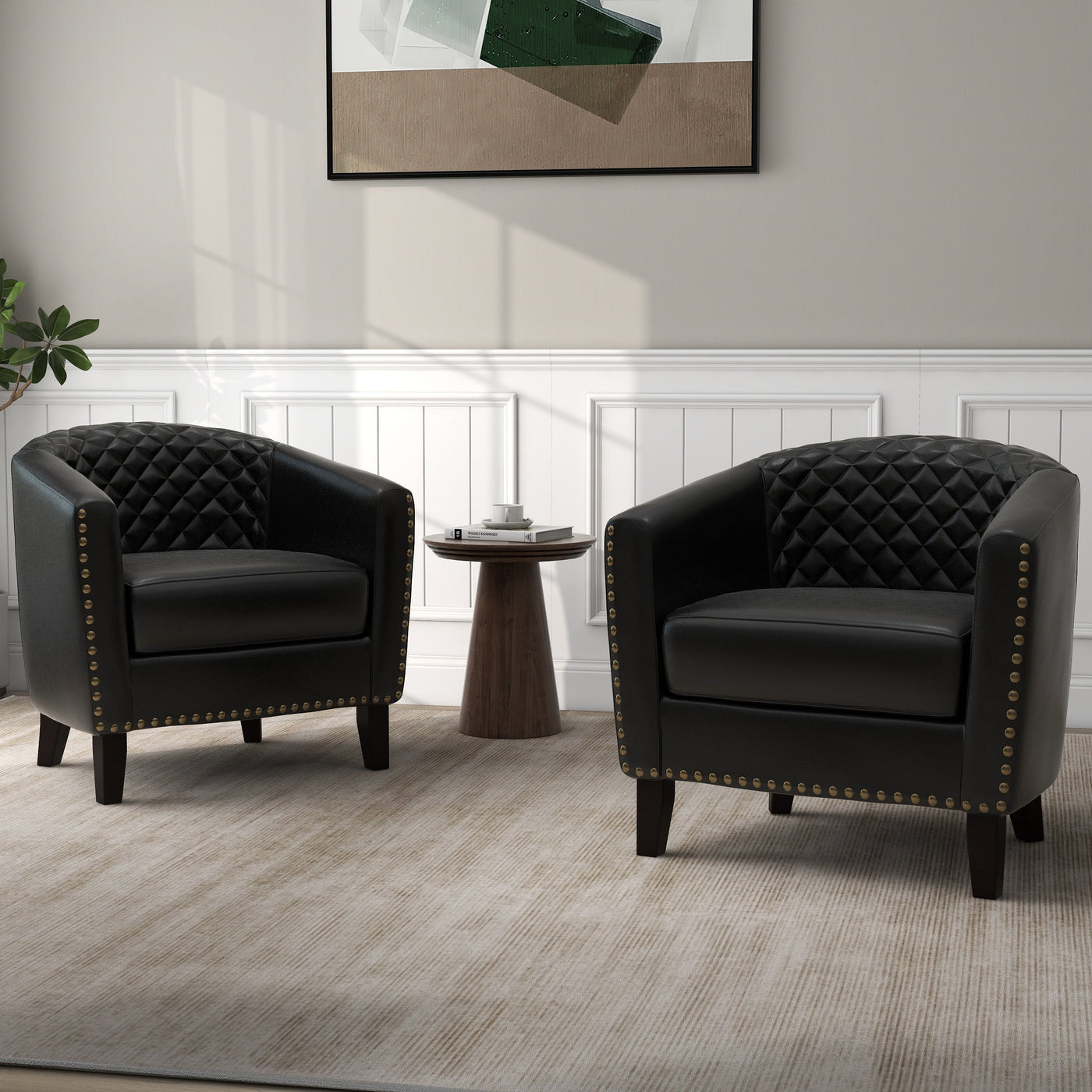 Lot de 2 chaises d'appoint tonneau en cuir vegan de 29 W avec garniture cloutée