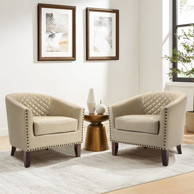 Lot de 2 chaises d'appoint tonneau en cuir vegan de 29 W avec garniture cloutée
