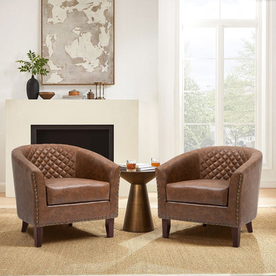 Lot de 2 chaises d'appoint tonneau en cuir vegan de 29 W avec garniture cloutée
