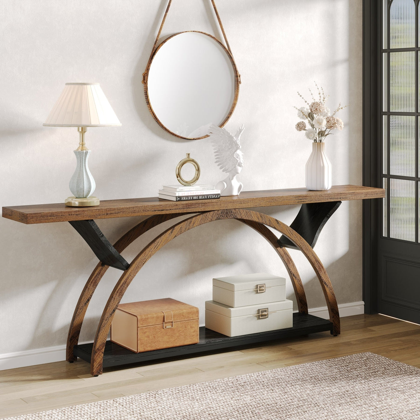 Console étroite à 2 niveaux avec cadre semi-circulaire pour entrée, tables d'appoint de couloir grises