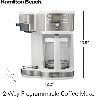 Cafetière 2 voies 12 tasses et doseur individuel, carafe en verre, pause et versement automatiques, blanche