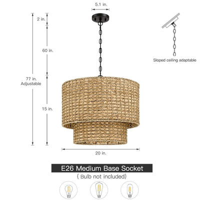 Suspension tambour traditionnelle en rotin naturel à 4 lumières avec auvent noir - Noir/terre - 50,8 cm de largeur