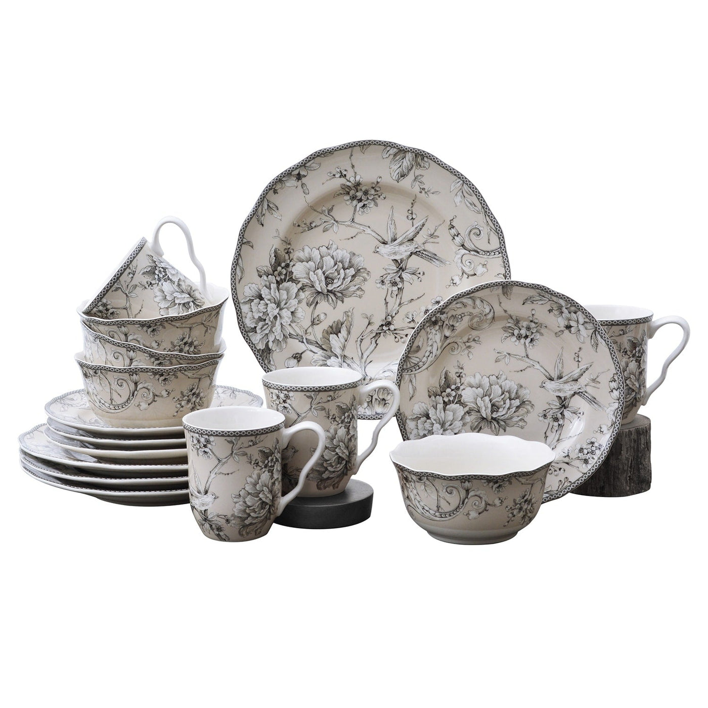 Service de table 16 pièces en porcelaine 222 Fifth Adelaide avec assiettes rondes, bols et tasses, blanc antique