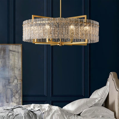 Lustre tambour moderne en cristal doré de 66 cm, 6 lumières, à intensité variable, style glamour, pour îlot de cuisine avec verre dépoli, pour salle à manger