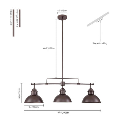 Suspension en forme de dôme de style industriel à 3 lampes, style ferme, en métal, pour îlot de cuisine linéaire, finition bronze huilé