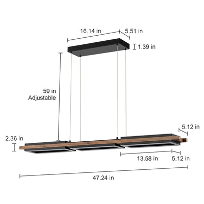 Lustre linéaire en bois à 3/5 lumières LED intégrées pour îlot de cuisine