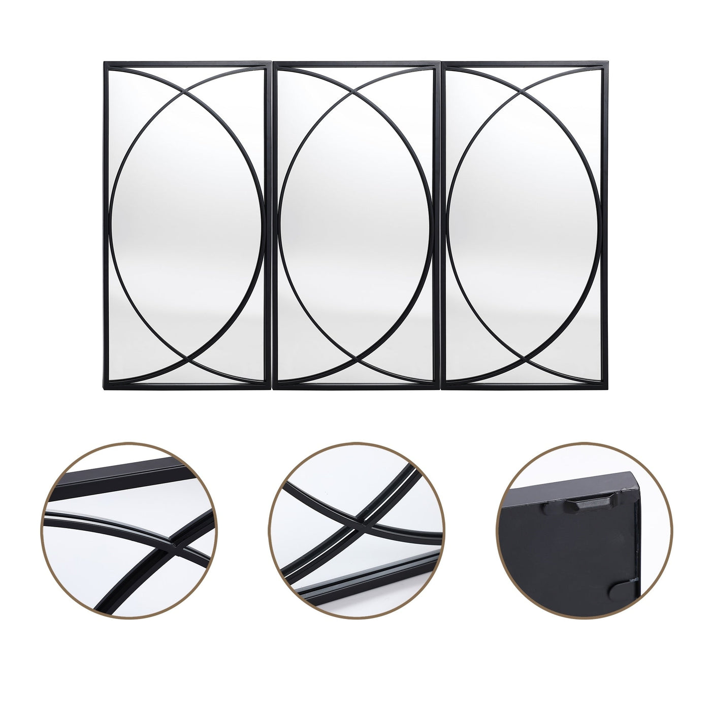 Ensemble de 3 miroirs muraux rectangulaires en métal noir - 31,9 H x 15,75 L x 0,75 P