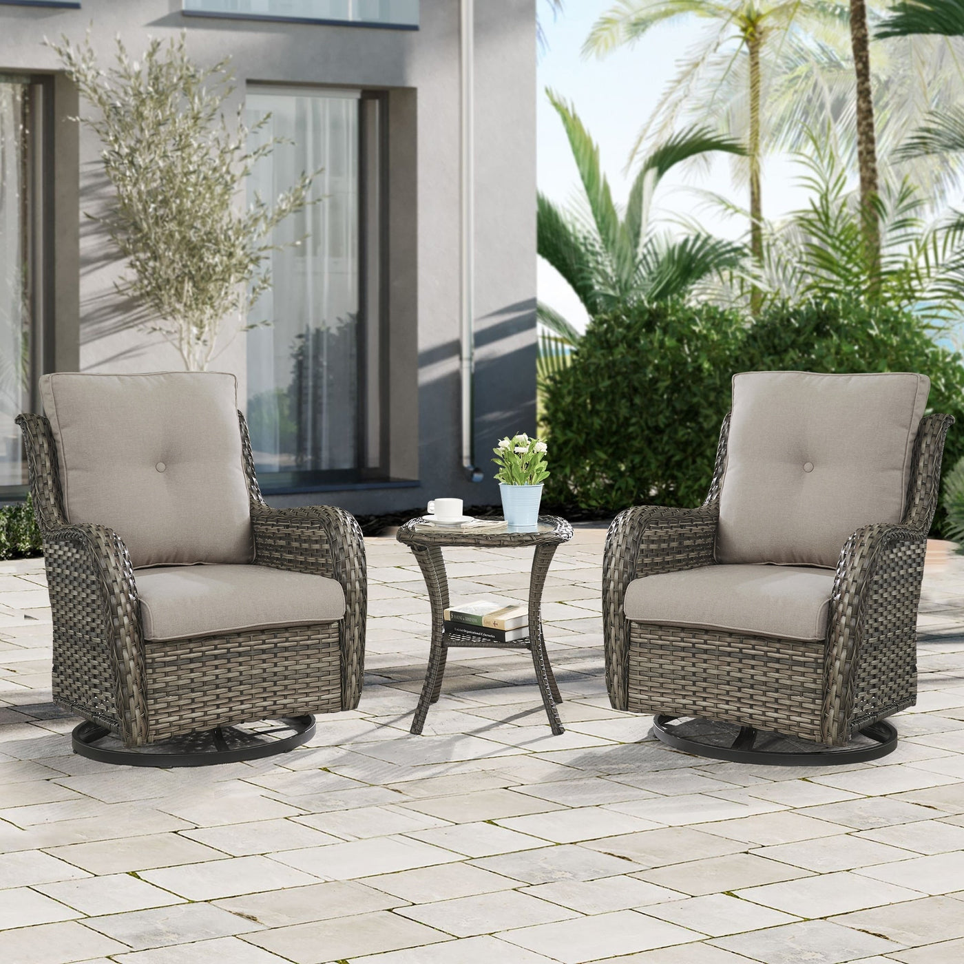 Fauteuil à bascule pivotant d'extérieur Gymojoy 3 pièces en osier avec coussin et table