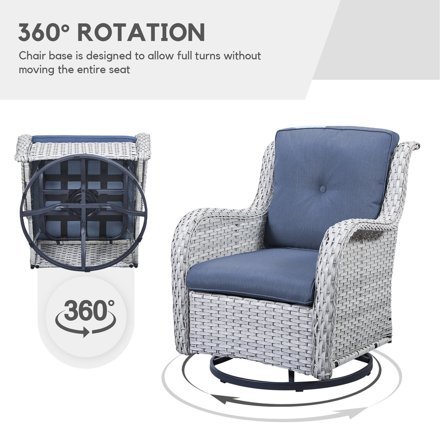 Fauteuil à bascule pivotant d'extérieur Gymojoy 3 pièces en osier avec coussin et table