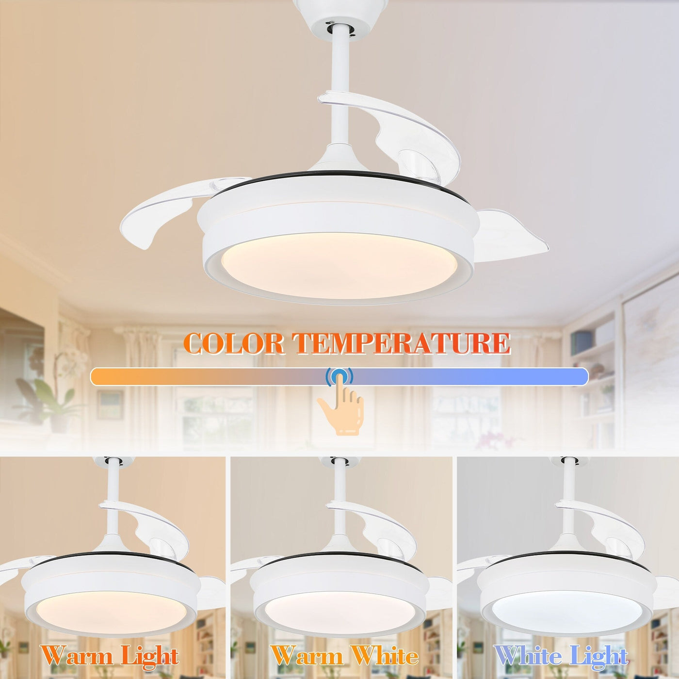 Ventilateur de plafond rétractable moderne Bella Depot 36 avec éclairage LED, pales réversibles à 6 vitesses et télécommande