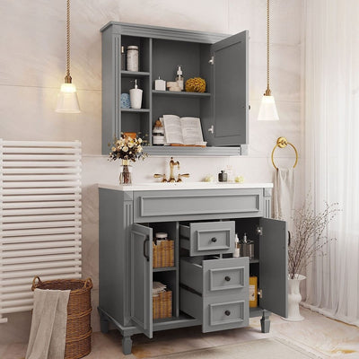 Meuble-lavabo moderne de 36 po avec lavabo supérieur et armoire à miroir, 2 portes et 2 tiroirs