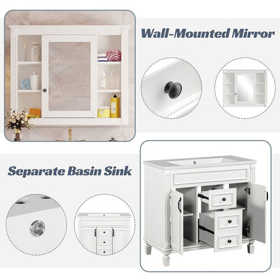 Meuble-lavabo moderne de 36 po avec lavabo supérieur et armoire à miroir, 2 portes et 2 tiroirs
