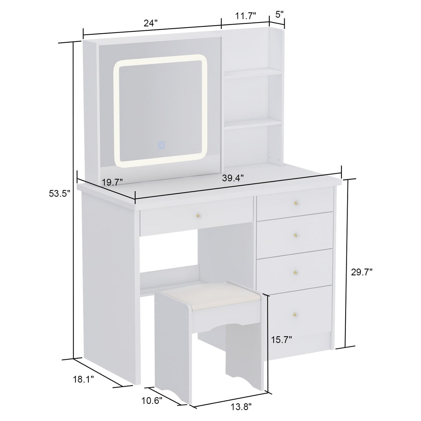 Ensemble de coiffeuse de maquillage de 39,4 po de largeur avec tabouret et miroir