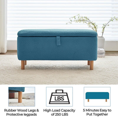 Banc ottoman de rangement en sherpa blanc cassé, repose-pieds, pour salon, chambre à coucher, pieds en bois