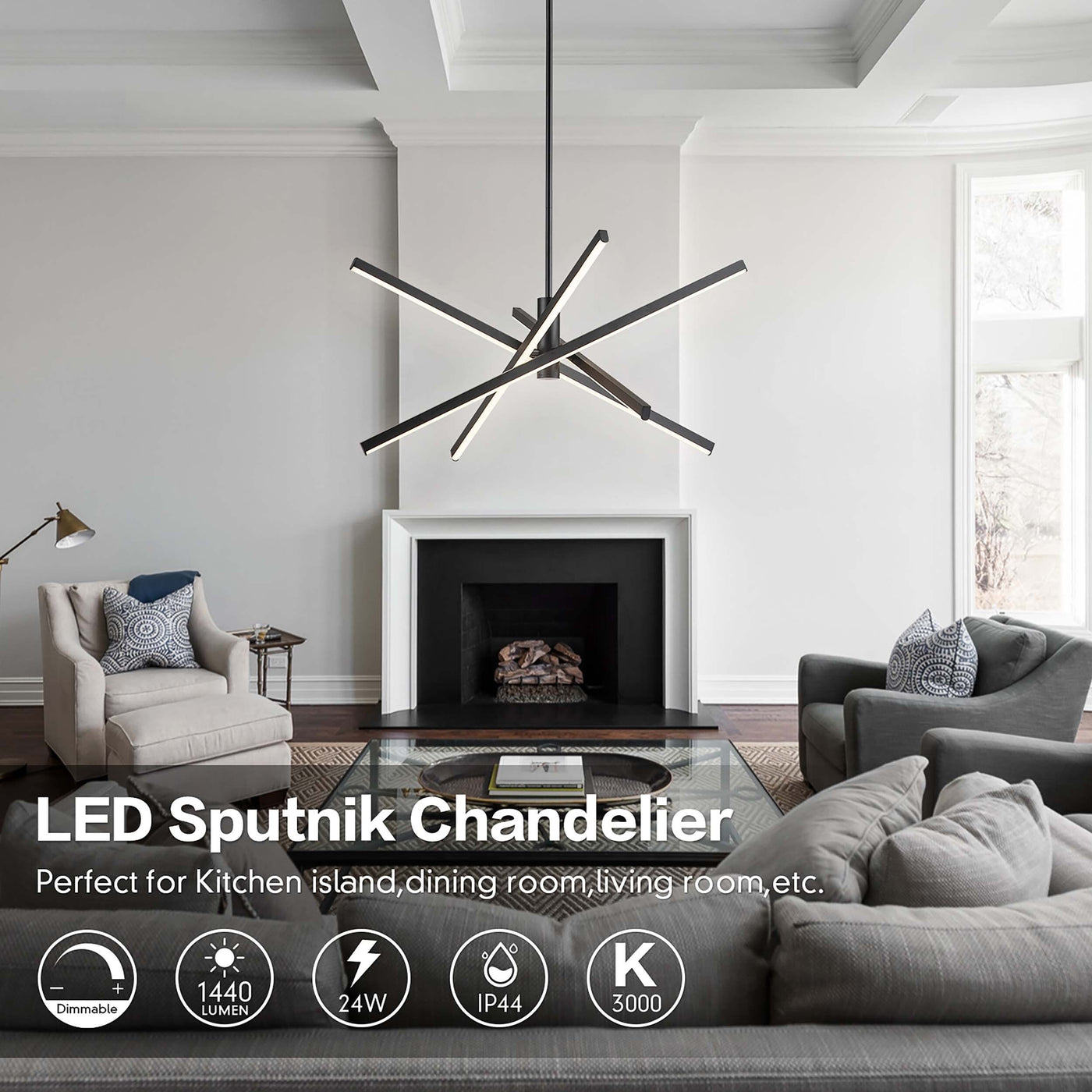Lustre LED moderne en aluminium noir/doré, plafonnier linéaire Spoutnik pour salon/salle à manger/cuisine