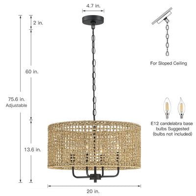 Lustre tambour bohème tissé à la main à 4 lumières - Paille - 20 po de largeur