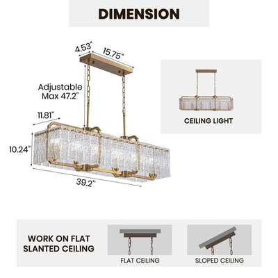 Lustre rectangulaire en cristal moderne linéaire de 40 po, 16 lumières, en laiton doré, pour salle à manger, salon, cuisine, îlot central
