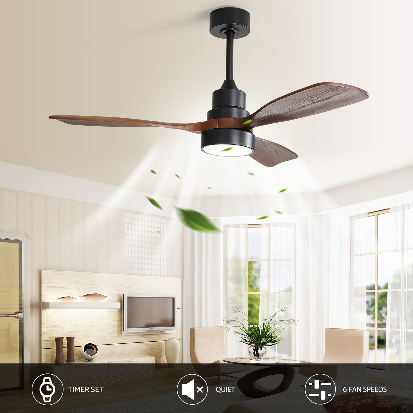 Ventilateur de plafond à LED intégré 48 et 52 pouces avec lumière et télécommande, moteur CC réversible