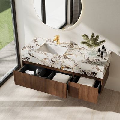 Meubles-lavabos simples modernes de 48 po, avec dessus en faux marbre brillant, bois massif
