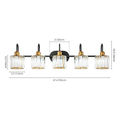Luminaires de salle de bain en cristal à 5 ​​lumières, style glamour, linéaires et à intensité variable, avec abat-jour cylindrique en cristal