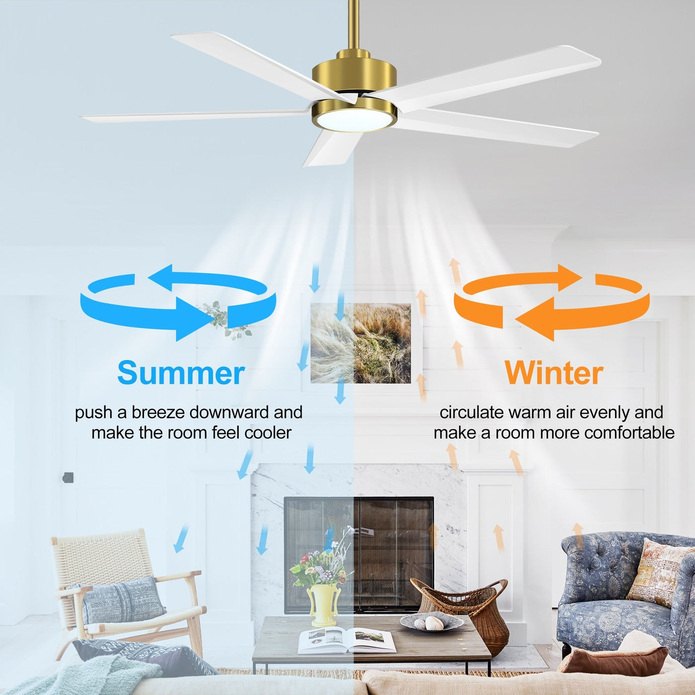 Ventilateur de plafond LED Breezary 65/52/42 à 5 pales avec kit d'éclairage et télécommande