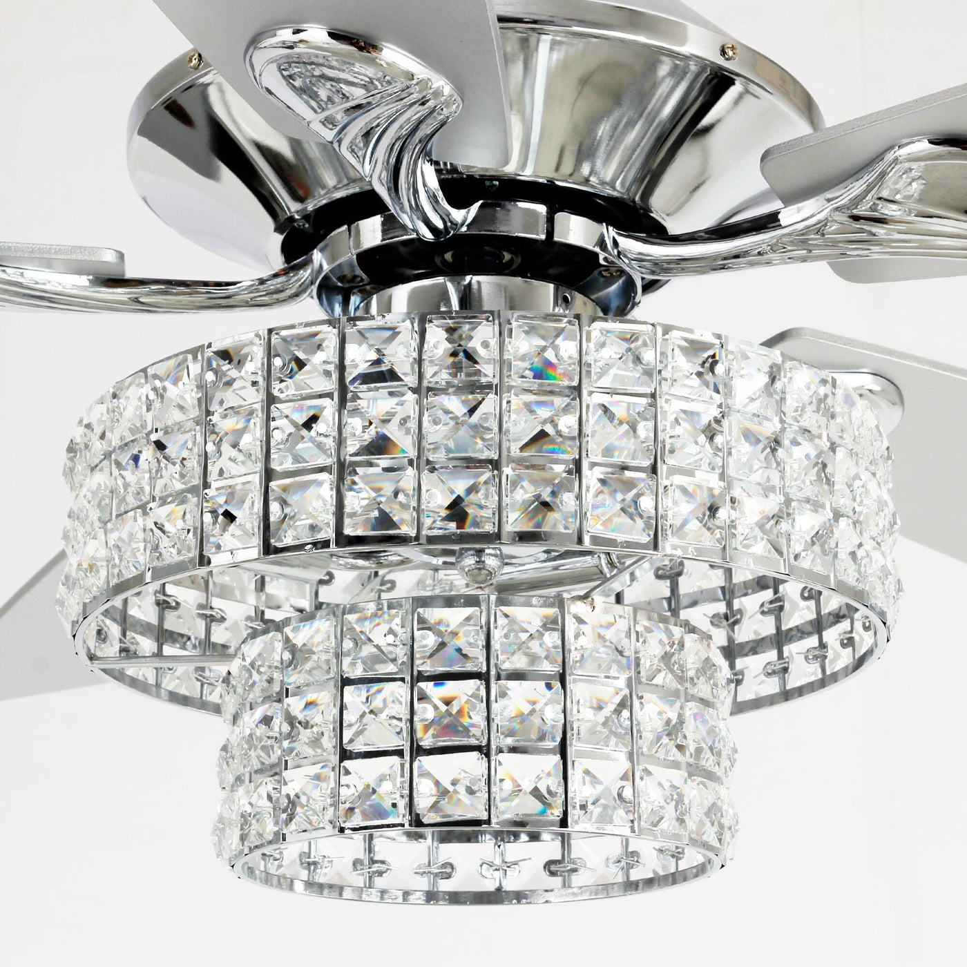 Ventilateur de plafond moderne en cristal et bois chromé de 52 pouces, 5 pales, avec télécommande