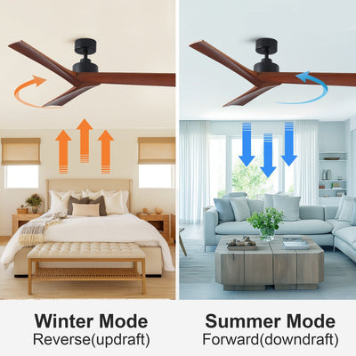 Ventilateur de plafond moderne en bois massif/ABS de 52 pouces avec télécommande (sans lumière), 6 vitesses de vent, flux d'air réversible