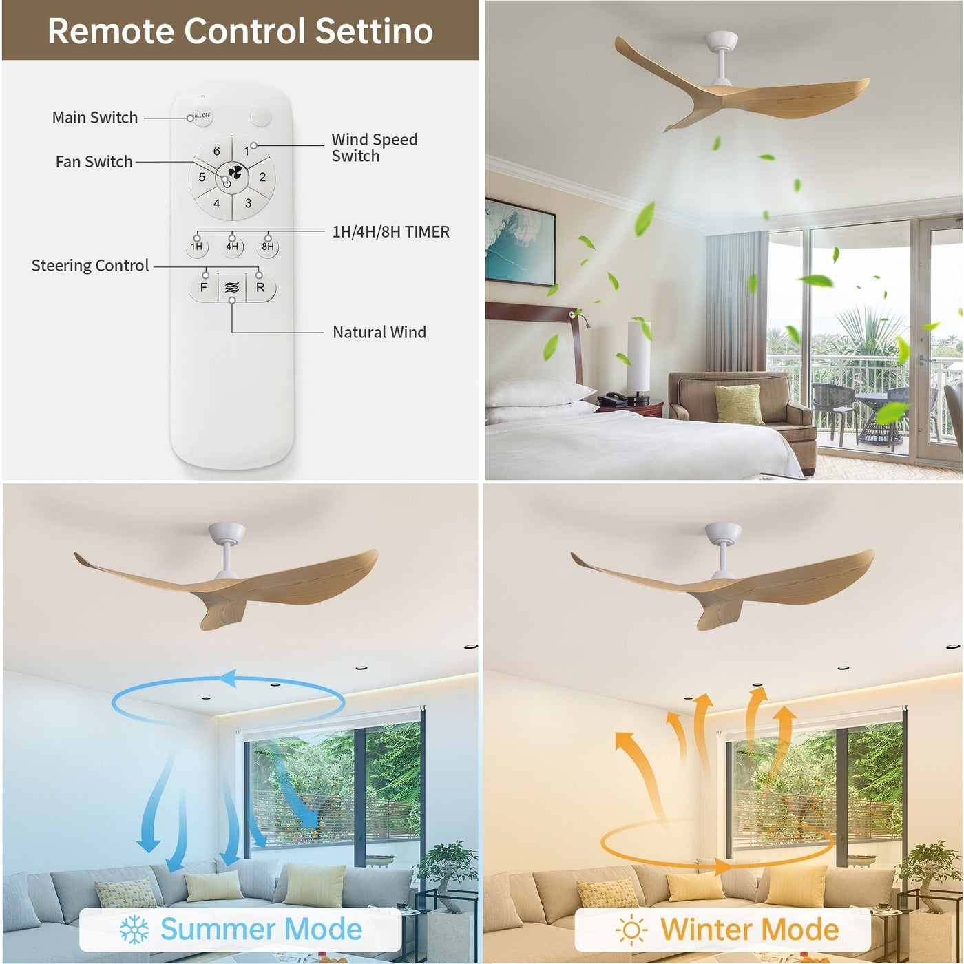 Ventilateur de plafond moderne en bois massif/ABS de 52 pouces avec télécommande (sans lumière), 6 vitesses de vent, flux d'air réversible