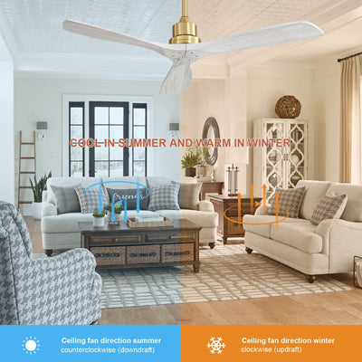 Ventilateur de plafond moderne en bois massif/ABS de 52 pouces avec télécommande (sans lumière), 6 vitesses de vent, flux d'air réversible