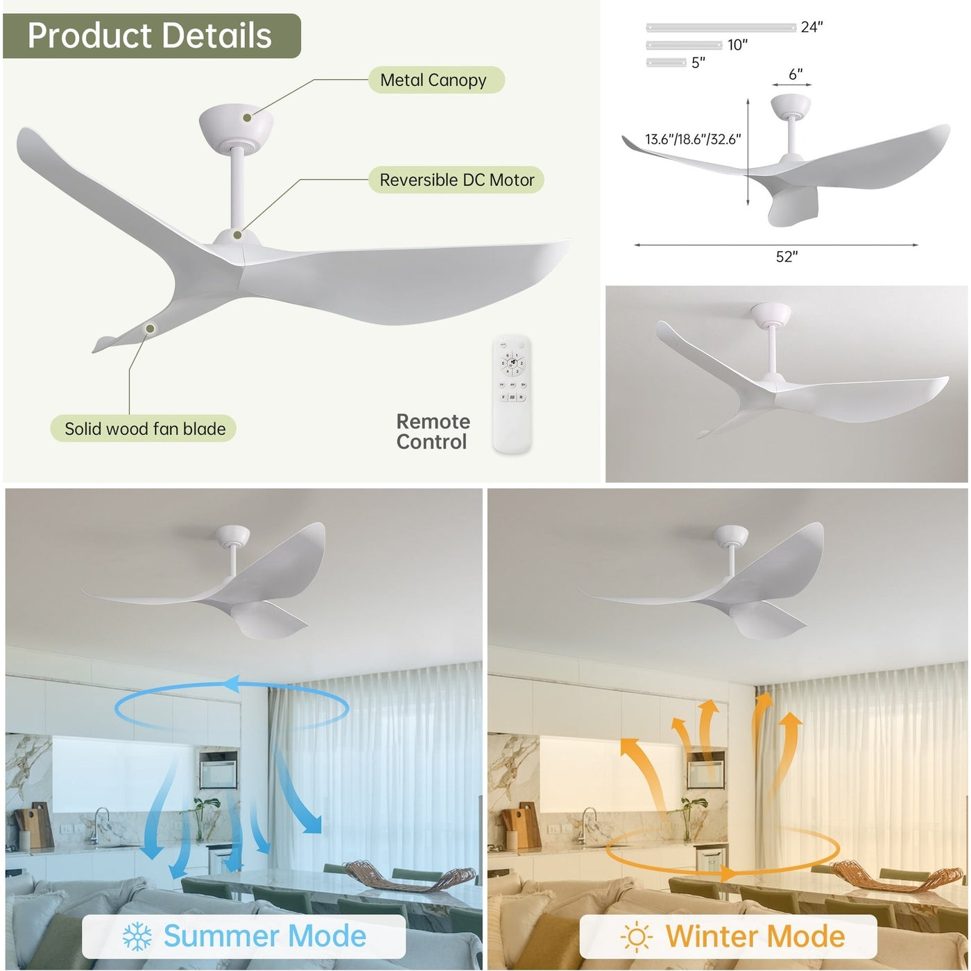 Ventilateur de plafond moderne en bois massif/ABS de 52 pouces avec télécommande (sans lumière), 6 vitesses de vent, flux d'air réversible
