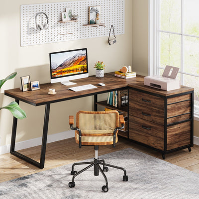 Bureau réversible en L avec tiroirs classeurs, bureau d'angle pour ordinateur