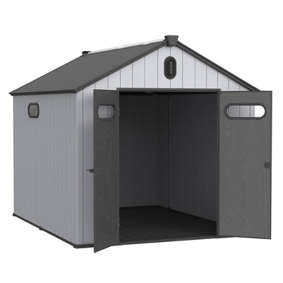Abri de rangement extérieur en plastique et résine toutes saisons de 6 pi x 4 pi/6 pi x 8 pi/8 pi x 6 pi/8 pi x 10 pi avec plancher, abri à outils Spire