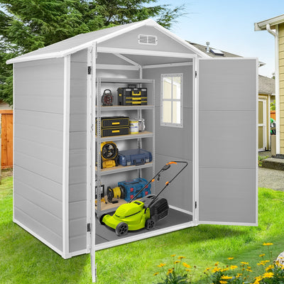 Abri de rangement extérieur en plastique et résine toutes saisons de 6 pi x 4 pi/6 pi x 8 pi/8 pi x 6 pi/8 pi x 10 pi avec plancher, abri à outils Spire