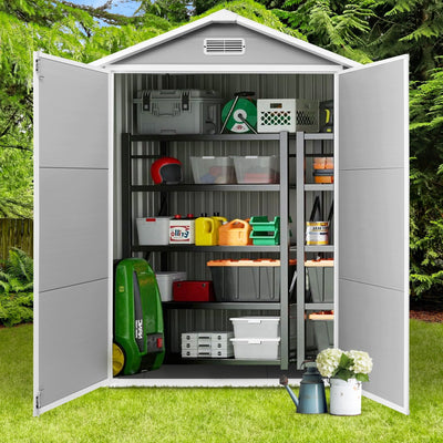 Abri de rangement extérieur en plastique et résine toutes saisons de 6 pi x 4 pi/6 pi x 8 pi/8 pi x 6 pi/8 pi x 10 pi avec plancher, abri à outils Spire