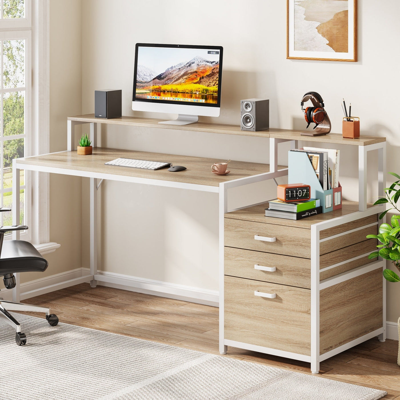 Bureau d'ordinateur 63 avec support d'écran, bureaux ergonomiques pour la maison avec tiroirs et classeur