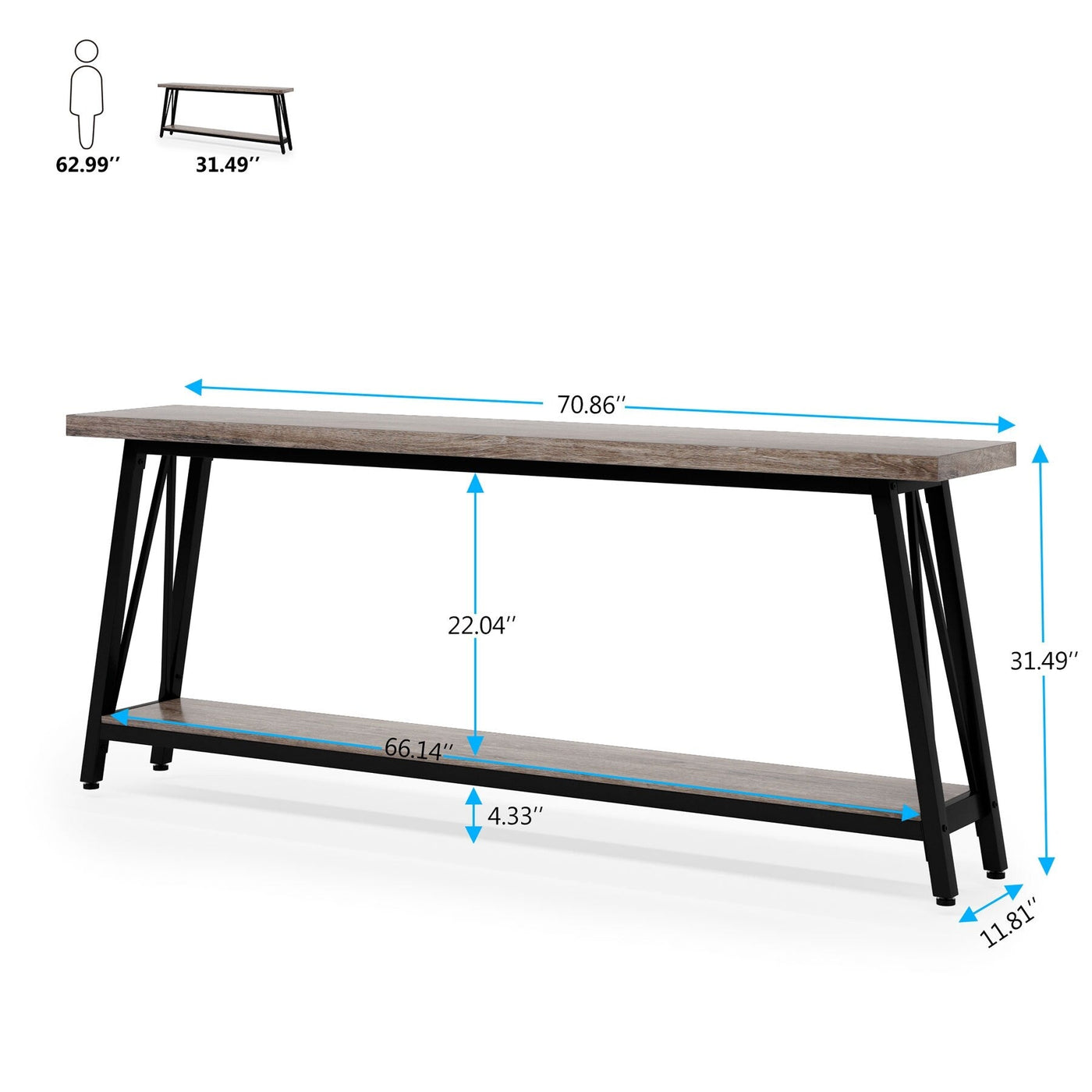 Table console d'entrée de style industriel extra-longue de 70,9 pouces