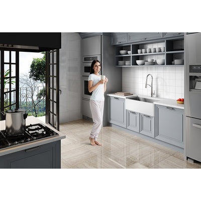 Évier de cuisine simple ANZZI Apollo blanc mat en surface solide de style ferme, 36 po, avec intérieur en acier inoxydable