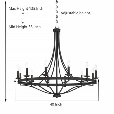 Lustre Empire à 12 lumières de style ferme moderne Fidenza avec roue de chariot et UL - D40'' * H135''