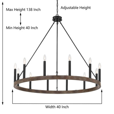 Lustre Acroma Farmhouse à 12 lumières, 40 po, en forme de roue de chariot, certifié UL - 40 po P x 138 po H
